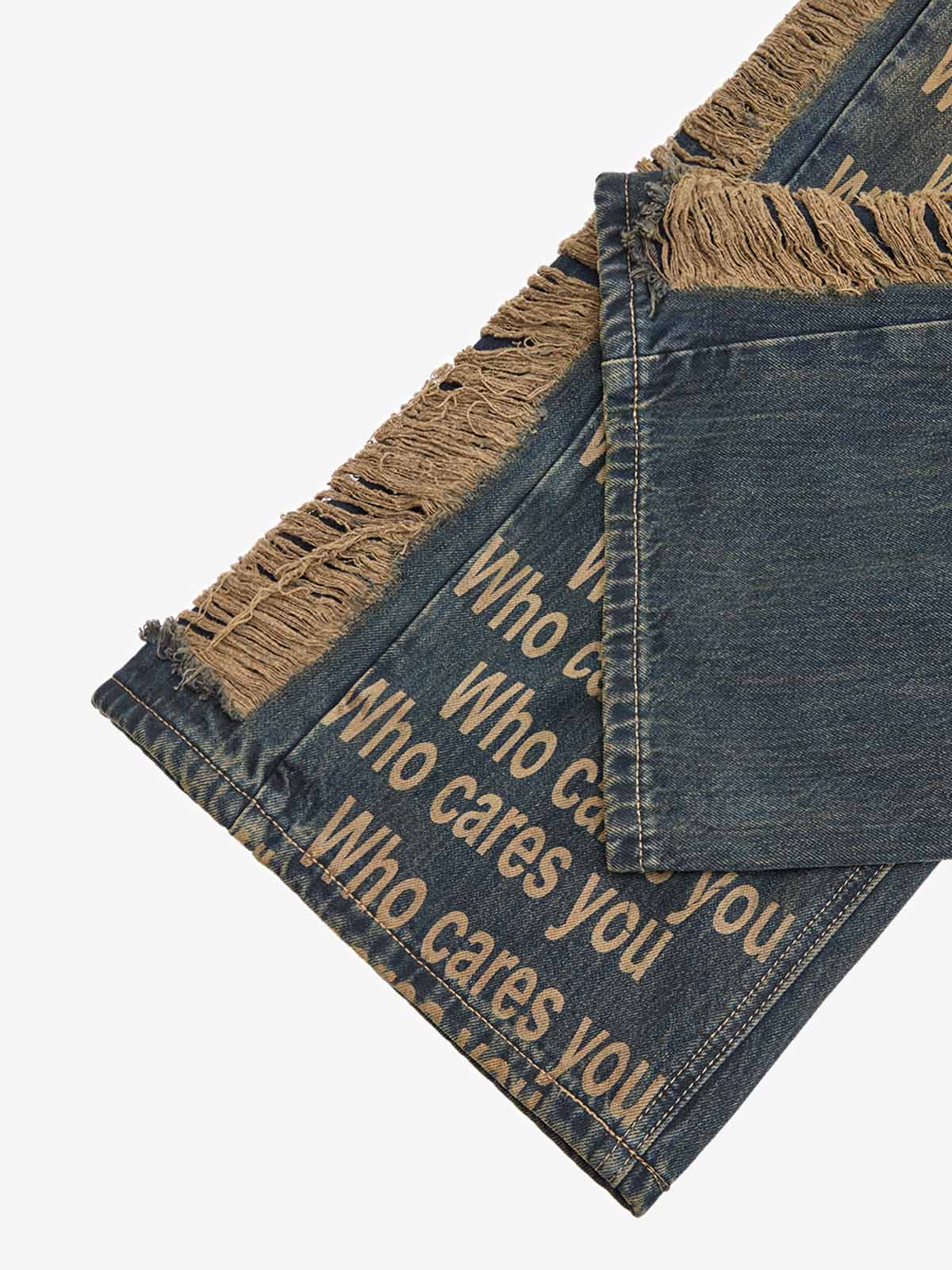 Washed Distressed 'Who Cares You' Print Straight Jeans - 2367 - Goatlv