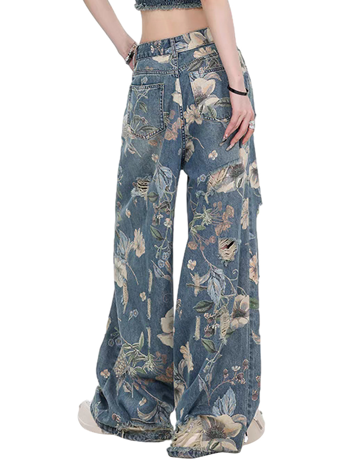 Vintage Washed Distressed Floral Ripped Baggy Jeans - Goatlv