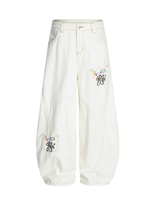 Embroidered Floral Patches Barrel Jeans - Goatlv