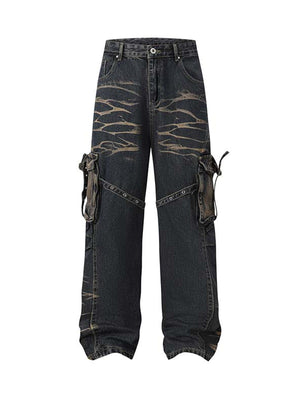 Vintage Washed Distressed Multi Pocket Cargo Jeans - Goatlv