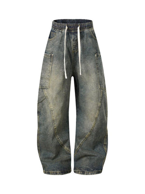 Washed Distressed Split Drawstring Barrel Jeans - Goatlv