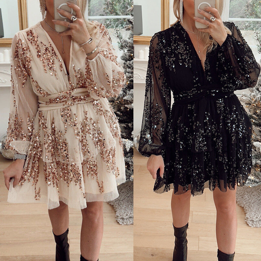 European And American Christmas Party Sequins Layered Dress INS Leisure Nyzzle