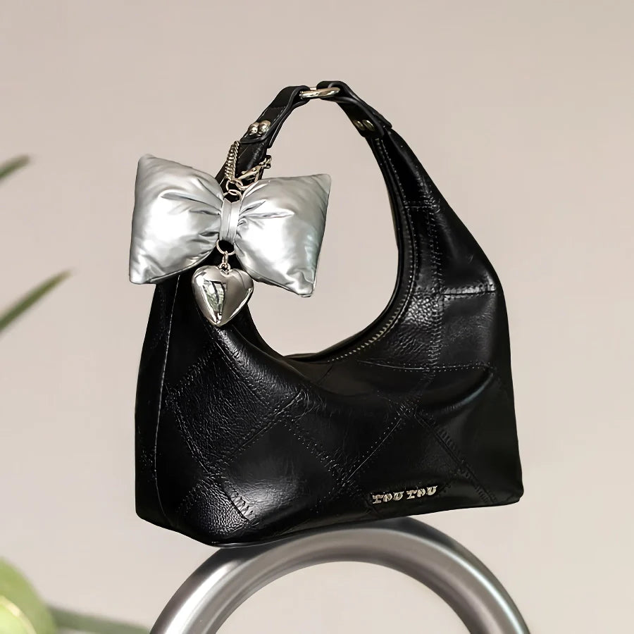 Versatile Women’s Diamond Grid Tote Bag with Butterfly Bow Pendant Trendha