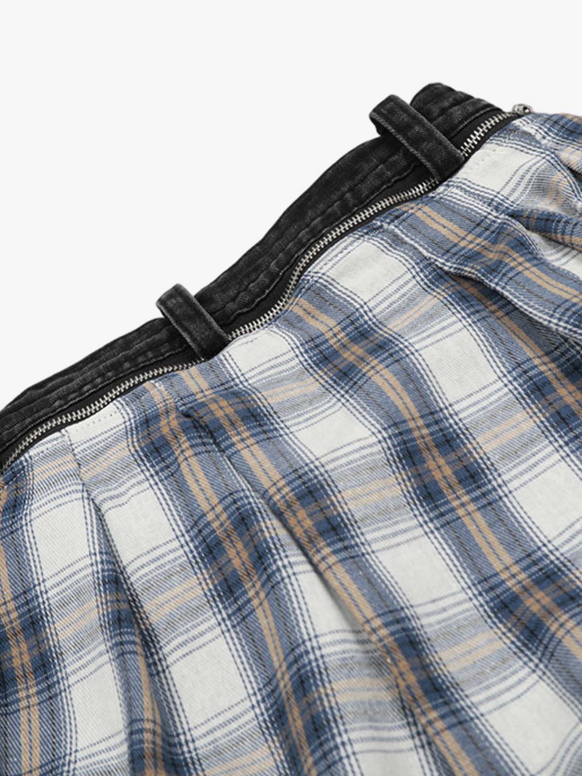 Faux Two-piece Plaid Detachable Scimitar Jeans - Goatlv