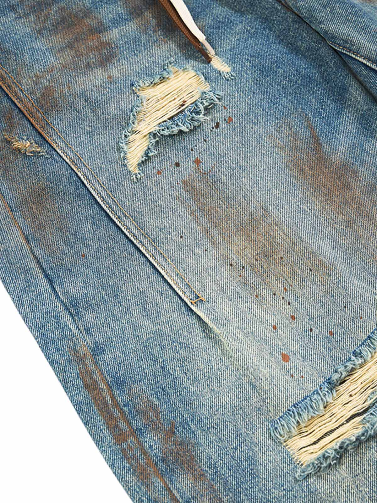 Retro Ink-Splashed Ripped Jeans - Goatlv