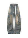 Distressed Raw Edge Cargo Drawstring Barrel Jeans - Goatlv