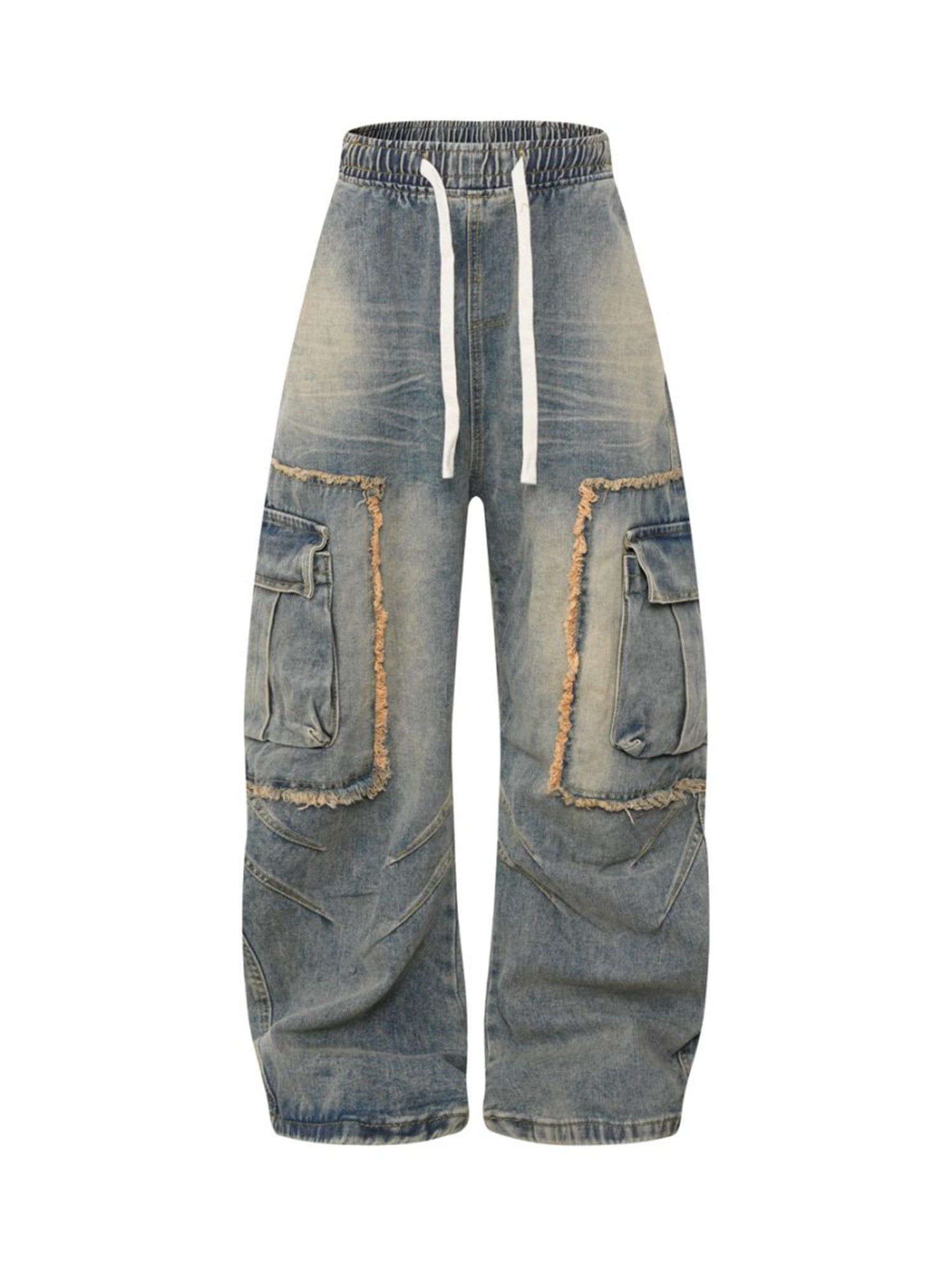 Distressed Raw Edge Cargo Drawstring Barrel Jeans - Goatlv