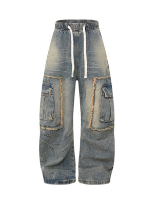 Distressed Raw Edge Cargo Drawstring Barrel Jeans - Goatlv