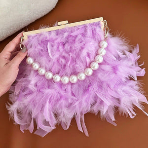 Luxury Feather Clutches: Fashion Pearls Top-handle Purse Trendha