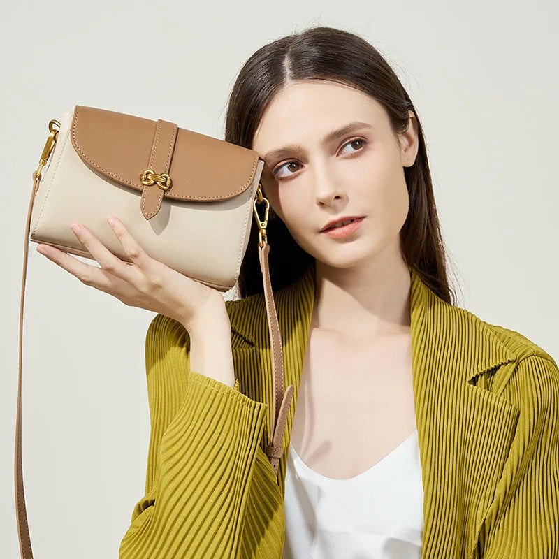 Elegant Small Square Messenger Bag with Gold Buckle & Bow - Leather Shoulder Bag Trendha