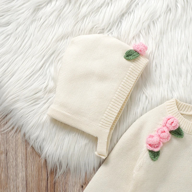 Newborn Baby Girl Long Sleeve Knit Bodysuit with 3D Floral Hat – 2pc Outfit Set Trendha