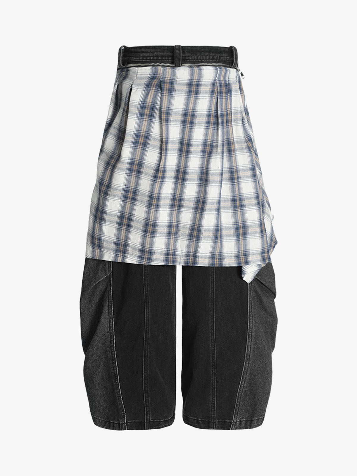 Faux Two-piece Plaid Detachable Scimitar Jeans - Goatlv