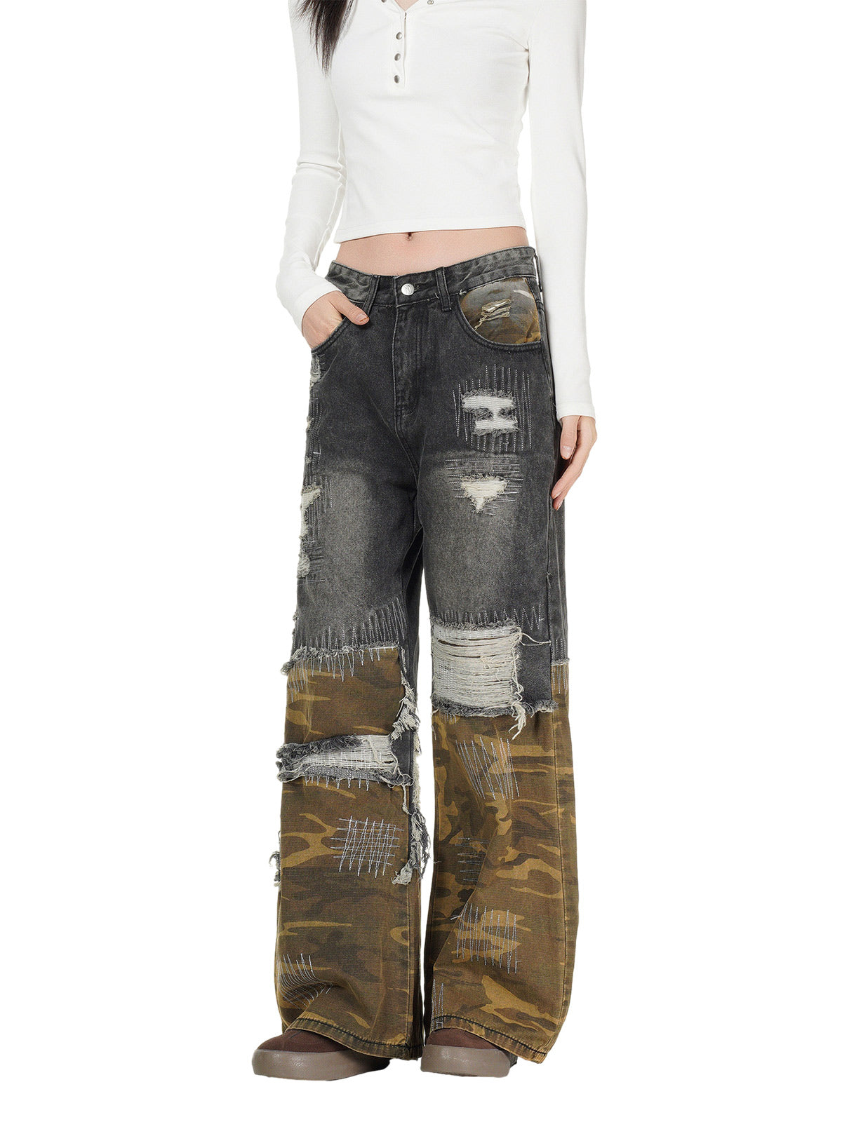 Distressed Camouflage Patchwork Jeans - Goatlv