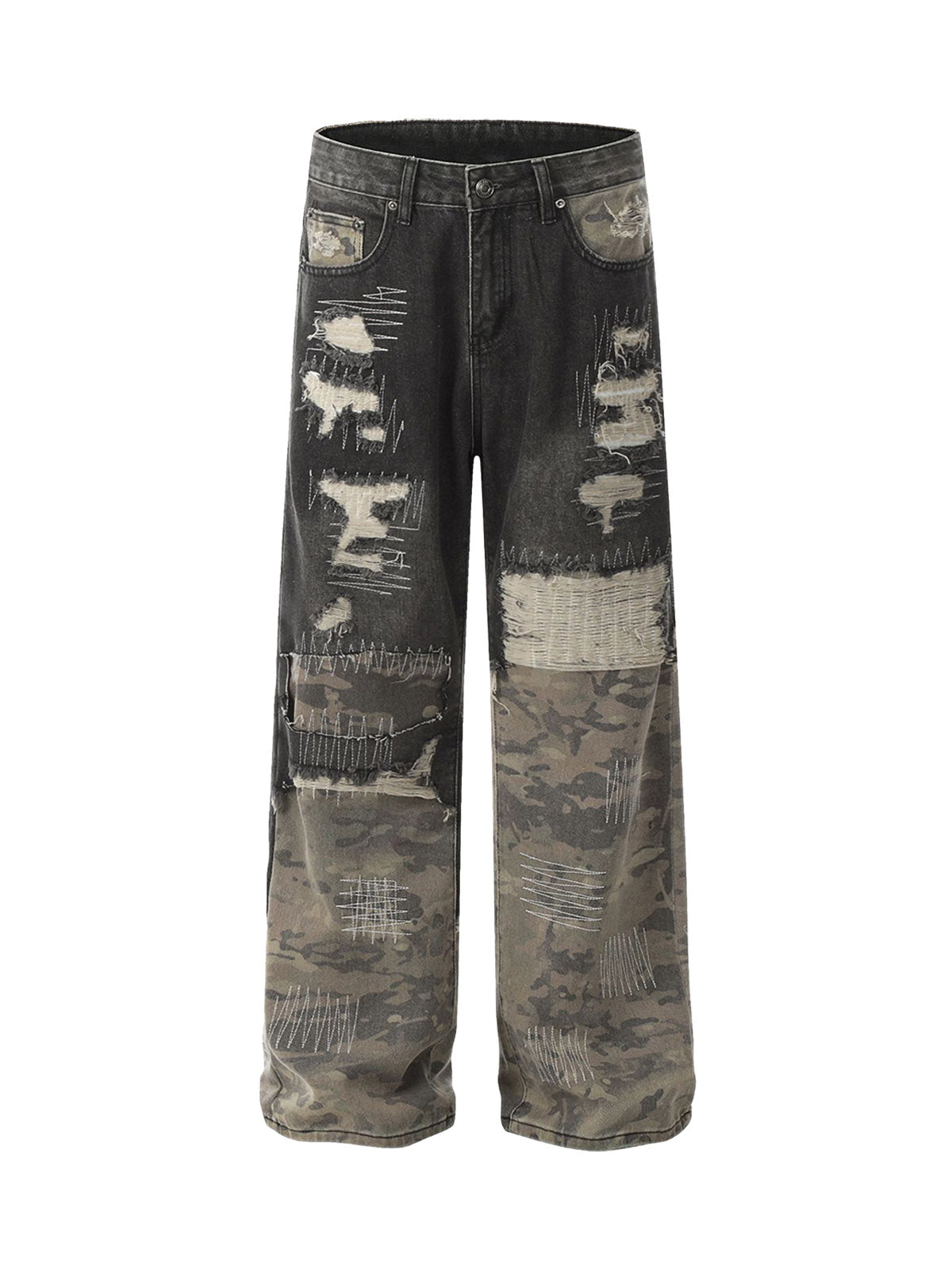 Ripped Camouflage Patchwork Baggy Jeans - Goatlv