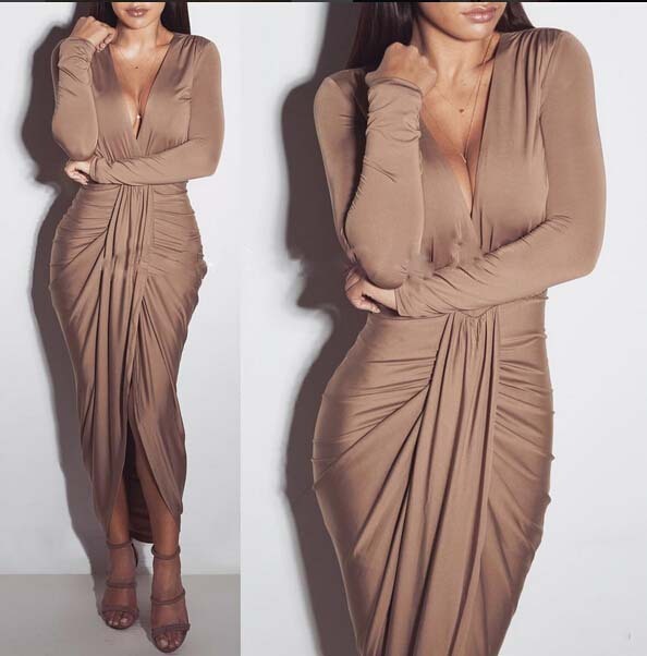 European And American V-neck Long Sleeve Cotton Pleated Dress Nyzzle