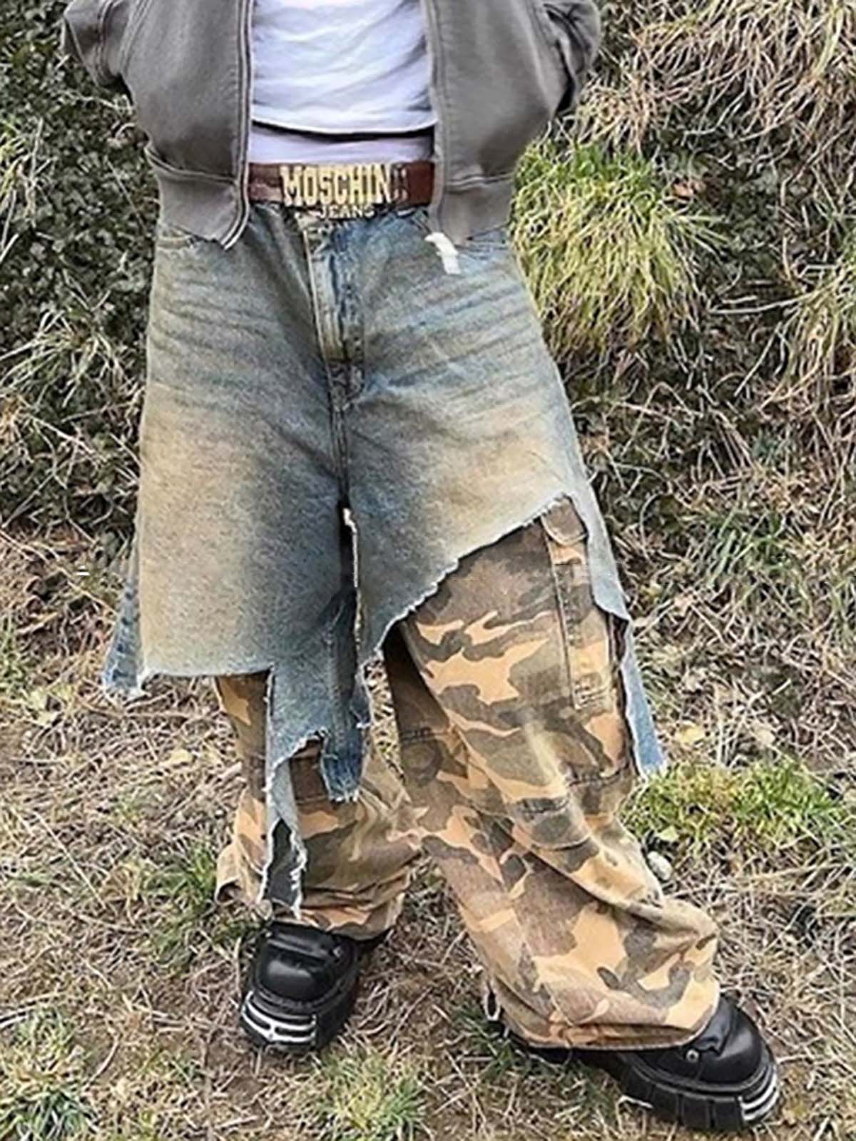 Retro Stitching Faux Two-Piece Camouflage Jeans - 2413 - Goatlv