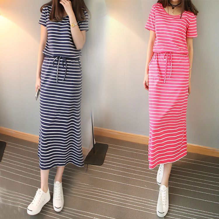 Round Neck Striped Cinched Plus Size Short Sleeve Dress Nyzzle