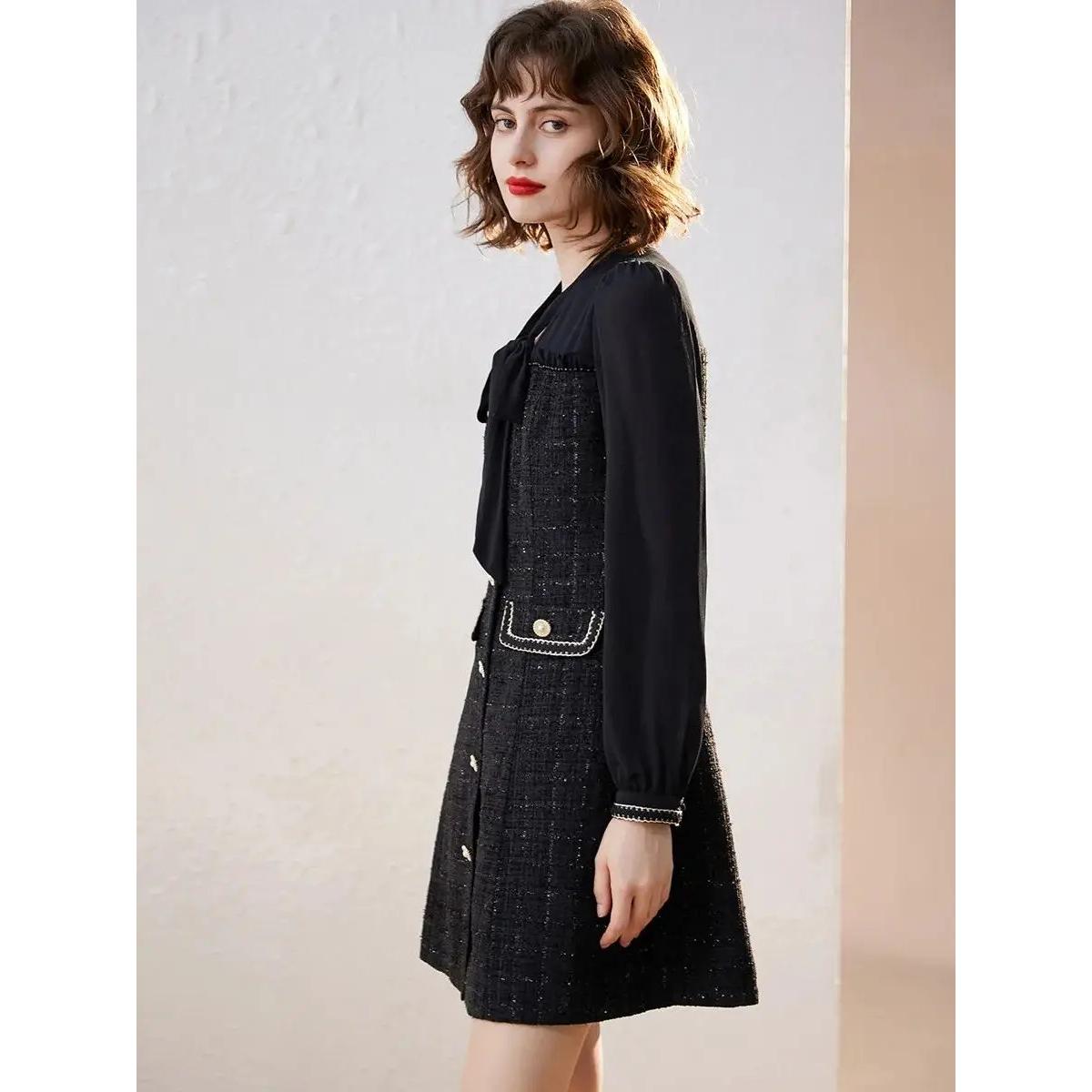 Elegant Bow Lace-up Long Sleeve V-Neck A-Line Dress Nyzzle