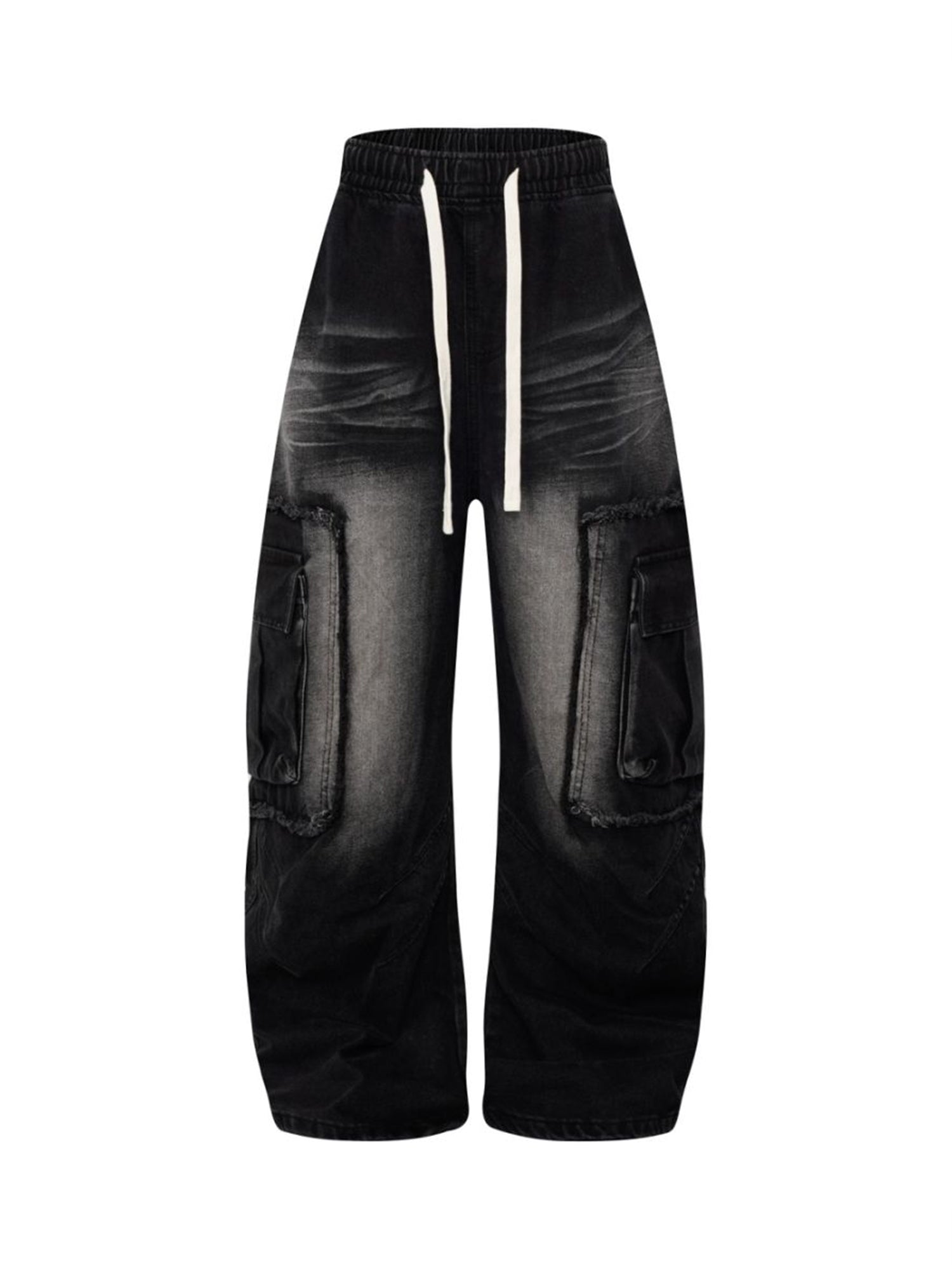 Distressed Raw Edge Cargo Drawstring Barrel Jeans - Goatlv