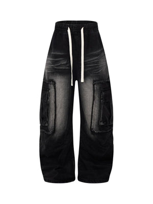 Distressed Raw Edge Cargo Drawstring Barrel Jeans - Goatlv