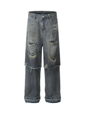 Retro Distressed Faux Two-Piece Ripped Jeans - Goatlv