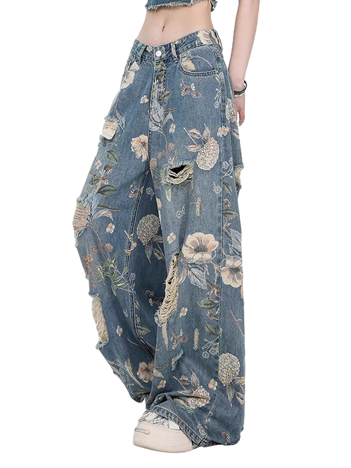 Vintage Washed Distressed Floral Ripped Baggy Jeans - Goatlv