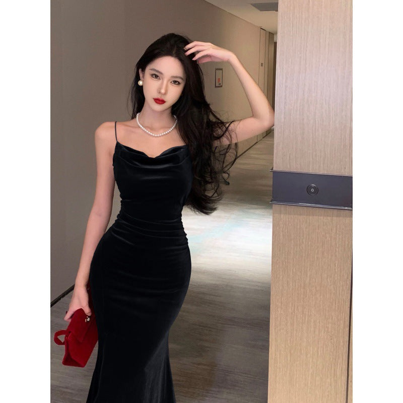 High-grade French Vintage Velvet Waist Trimming Spaghetti Straps Long Dress Nyzzle