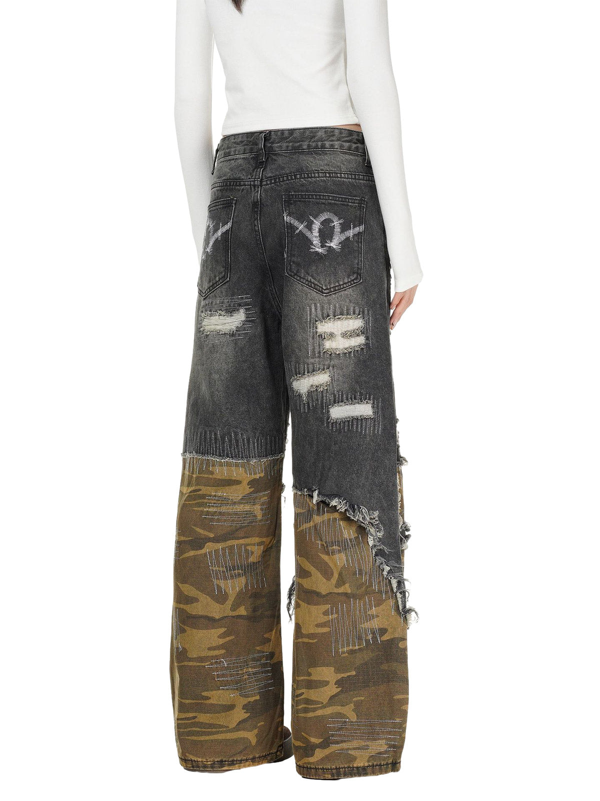 Distressed Camouflage Patchwork Jeans - Goatlv