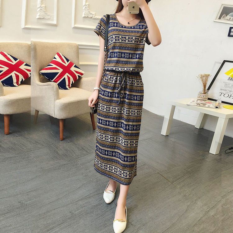 Round Neck Striped Cinched Plus Size Short Sleeve Dress Nyzzle