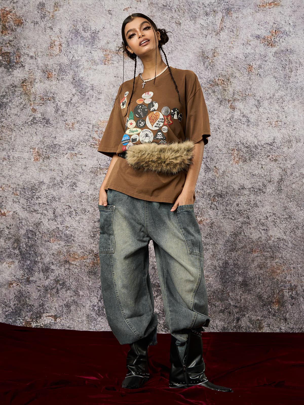 Washed Distressed Split Drawstring Barrel Jeans - Goatlv