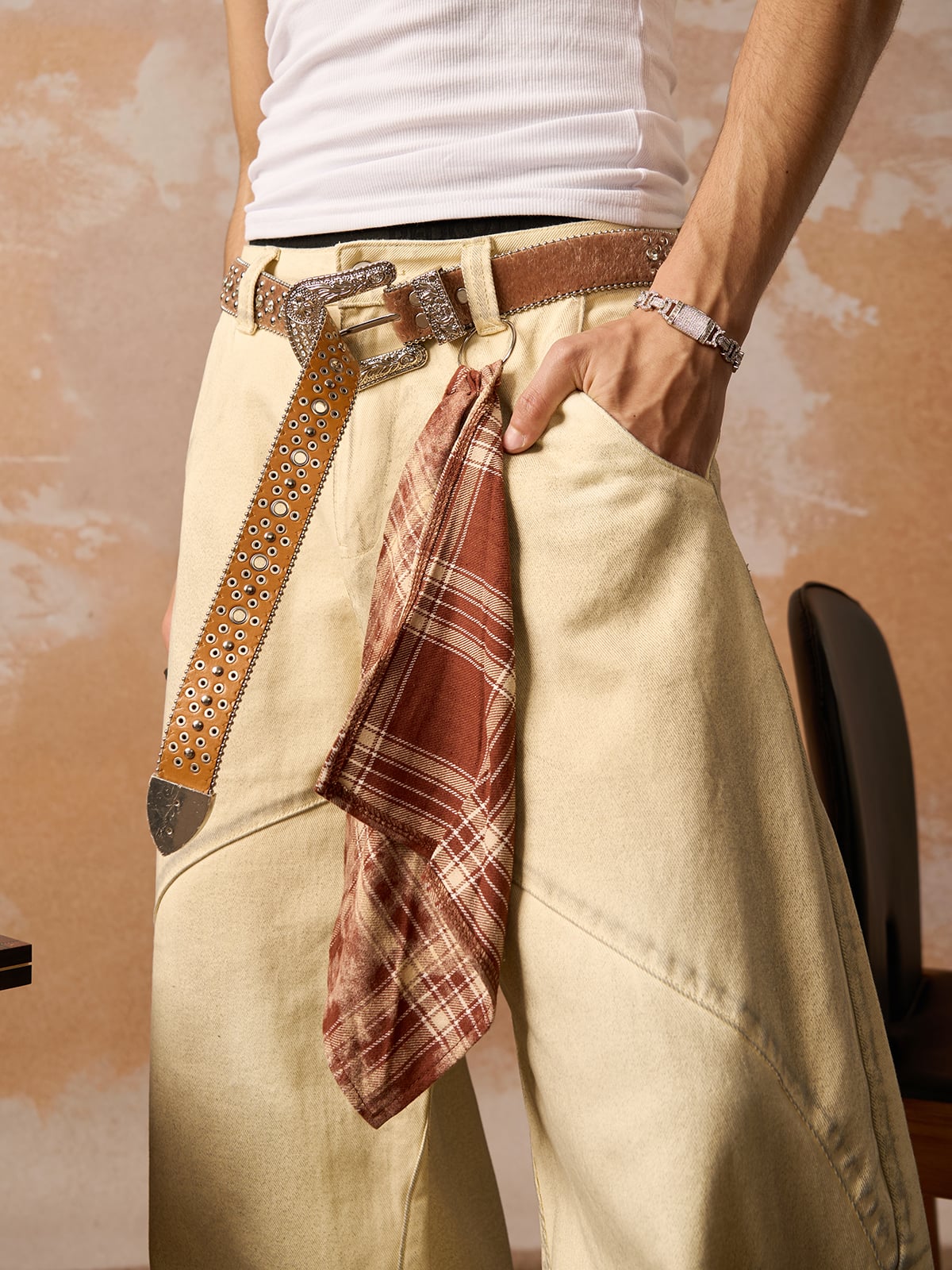 Washed Distressed Detachable Scarf Barrel Jeans - Goatlv