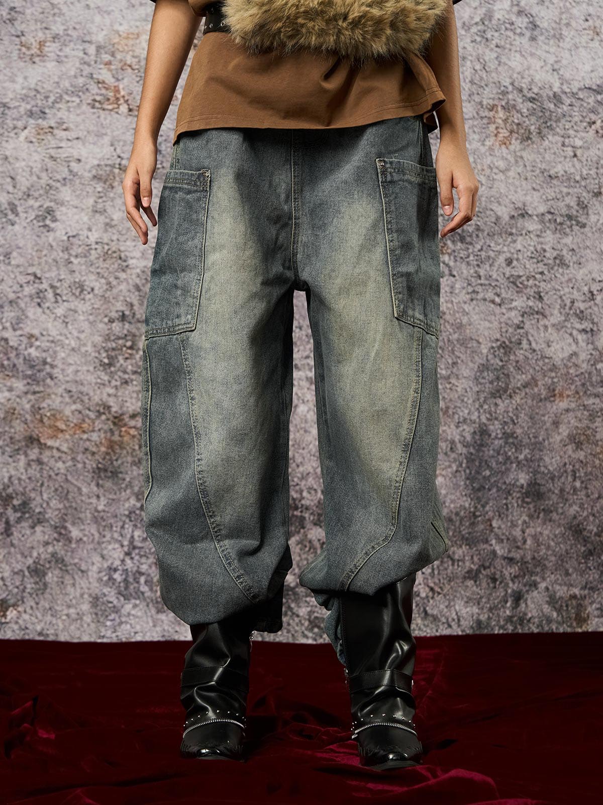 Washed Distressed Split Drawstring Barrel Jeans - Goatlv