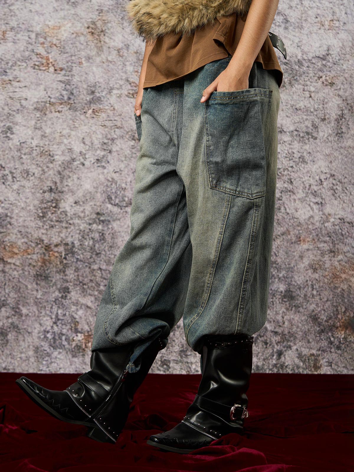 Washed Distressed Split Drawstring Barrel Jeans - Goatlv