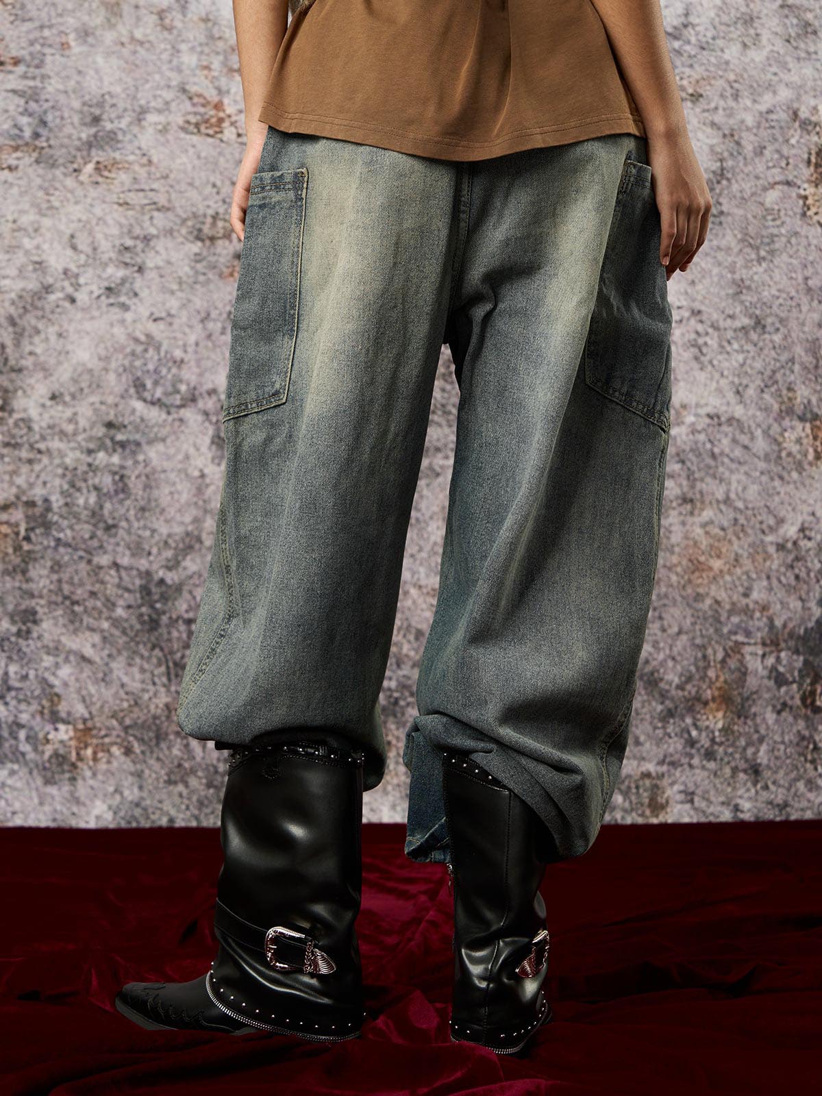 Washed Distressed Split Drawstring Barrel Jeans - Goatlv