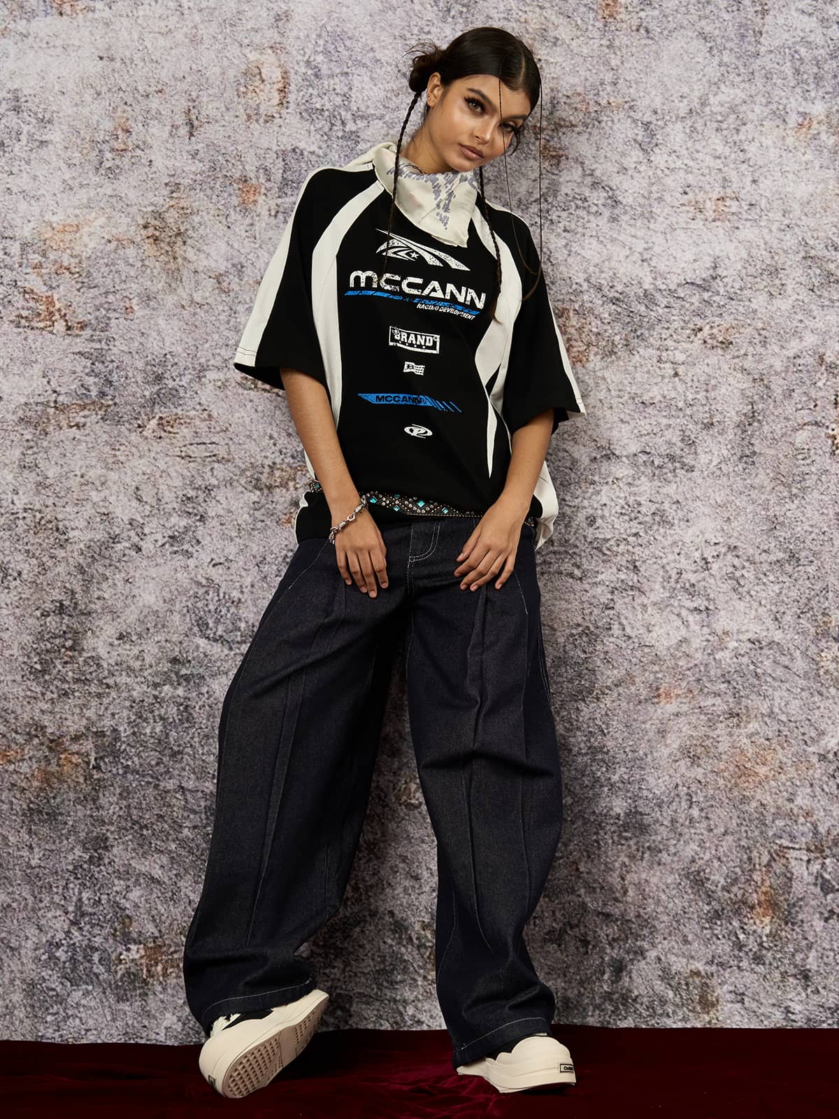 Deconstructed Contrast Stitching Pleated Baggy Barrel Jeans - 2343 - Goatlv