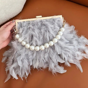 Luxury Feather Clutches: Fashion Pearls Top-handle Purse Trendha