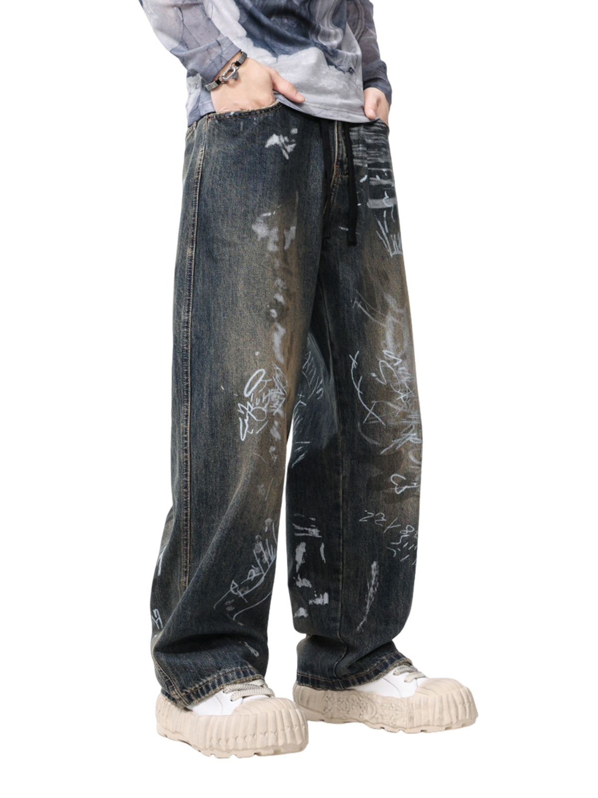 Print Hand-Painted Graffiti Drawstring Baggy Jeans - Goatlv