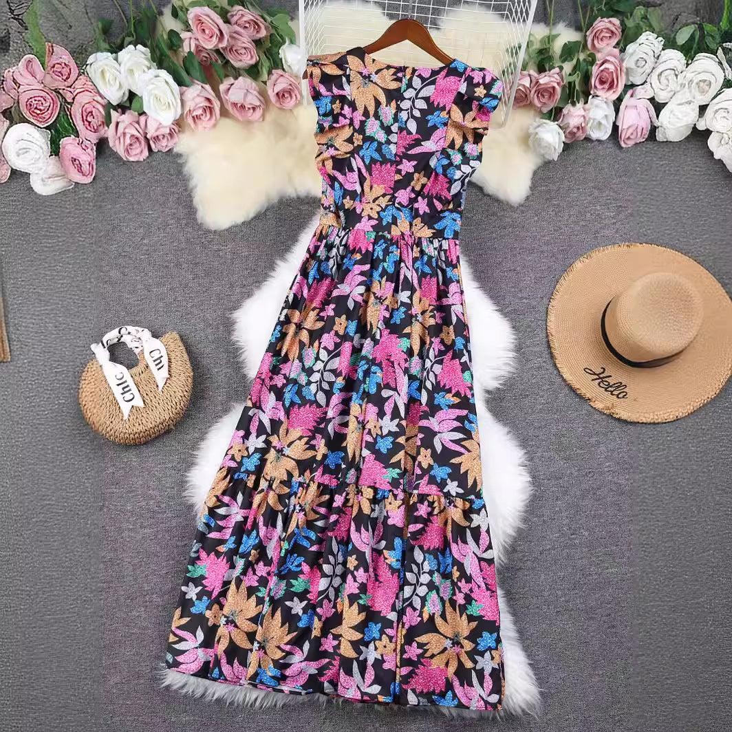 Blue Printed Vacation Style Deep V-neck Sleeveless Women's Long Dress Nyzzle