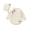 Newborn Baby Girl Long Sleeve Knit Bodysuit with 3D Floral Hat – 2pc Outfit Set Trendha