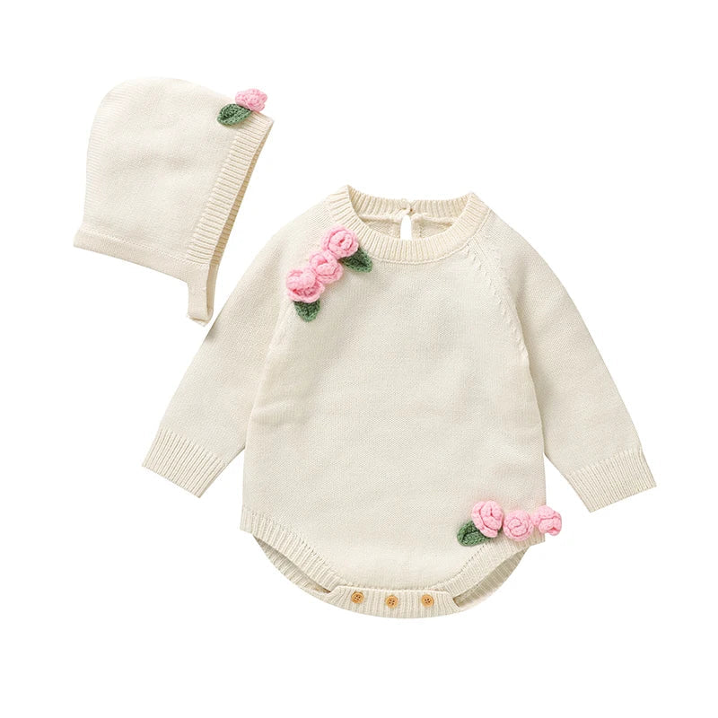 Newborn Baby Girl Long Sleeve Knit Bodysuit with 3D Floral Hat – 2pc Outfit Set Trendha