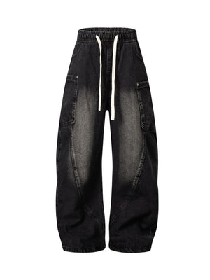 Washed Distressed Split Drawstring Barrel Jeans - Goatlv