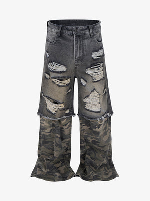 Camouflage Patchwork Flared Wide-leg Ripped Jeans - Goatlv