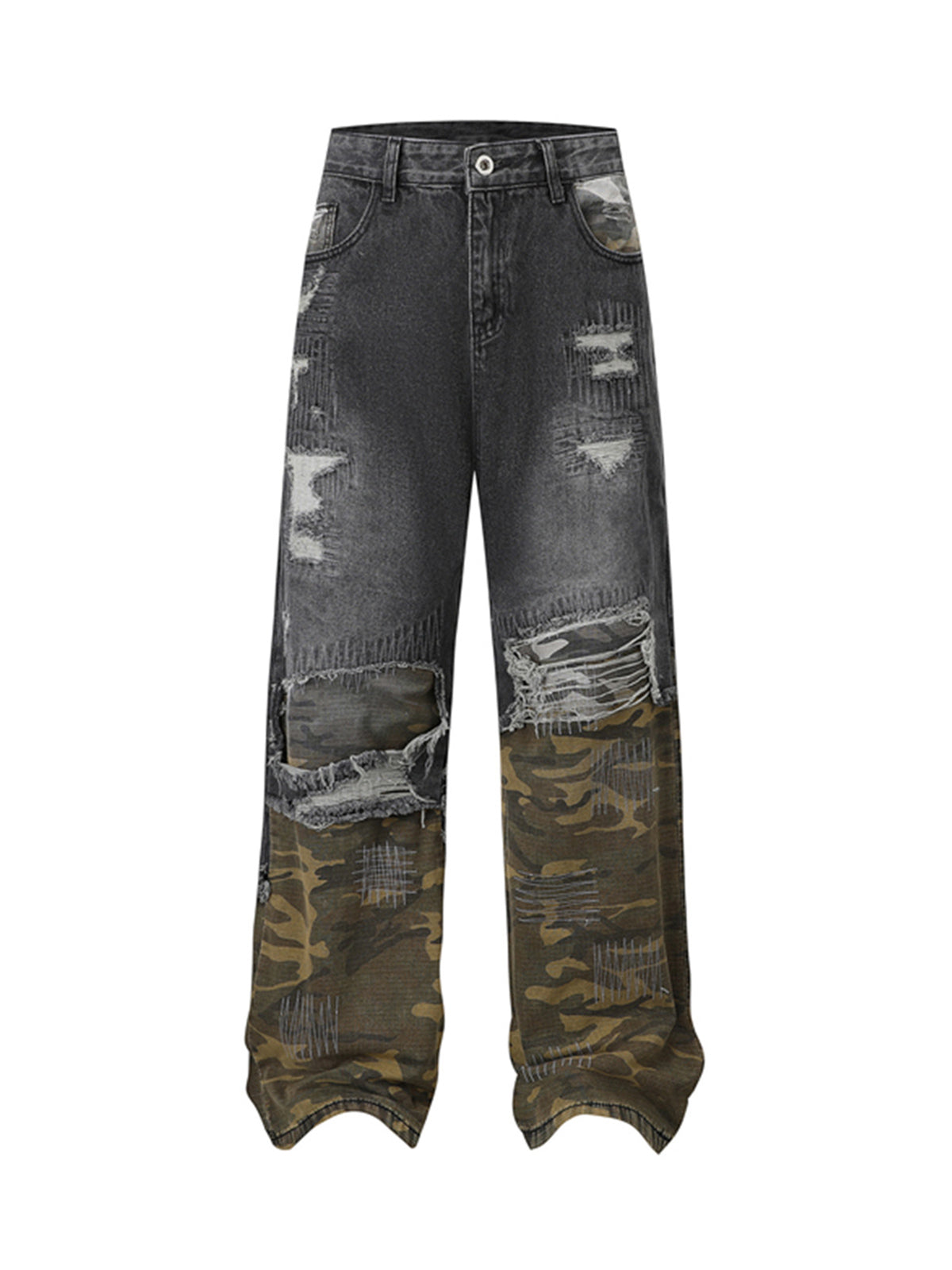 Distressed Camouflage Patchwork Jeans - Goatlv