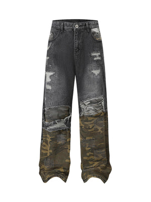 Distressed Camouflage Patchwork Jeans - Goatlv