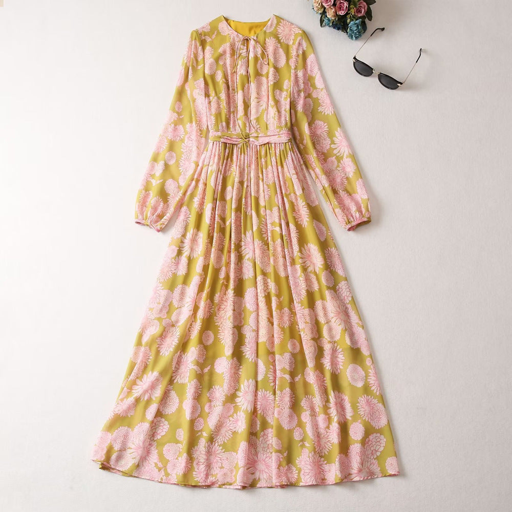 Women's Round Neck Tied Lantern Long Sleeve Dress Nyzzle