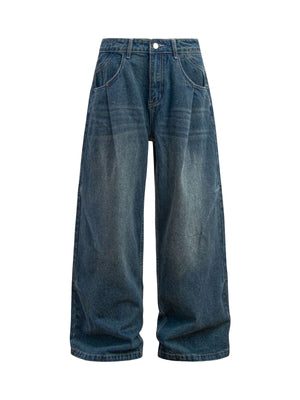 Washed Distressed Double Pleat Jeans - Goatlv