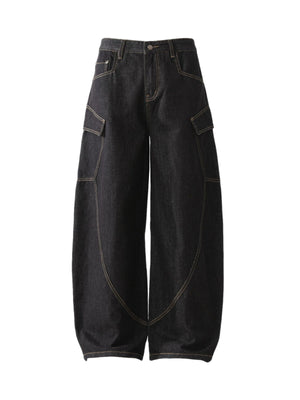 Multi-Pocket Deconstructed Washed Barrel Cargo Jeans - Goatlv