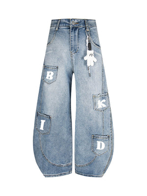 Fun Letter Pocket Barrel Jeans - Goatlv