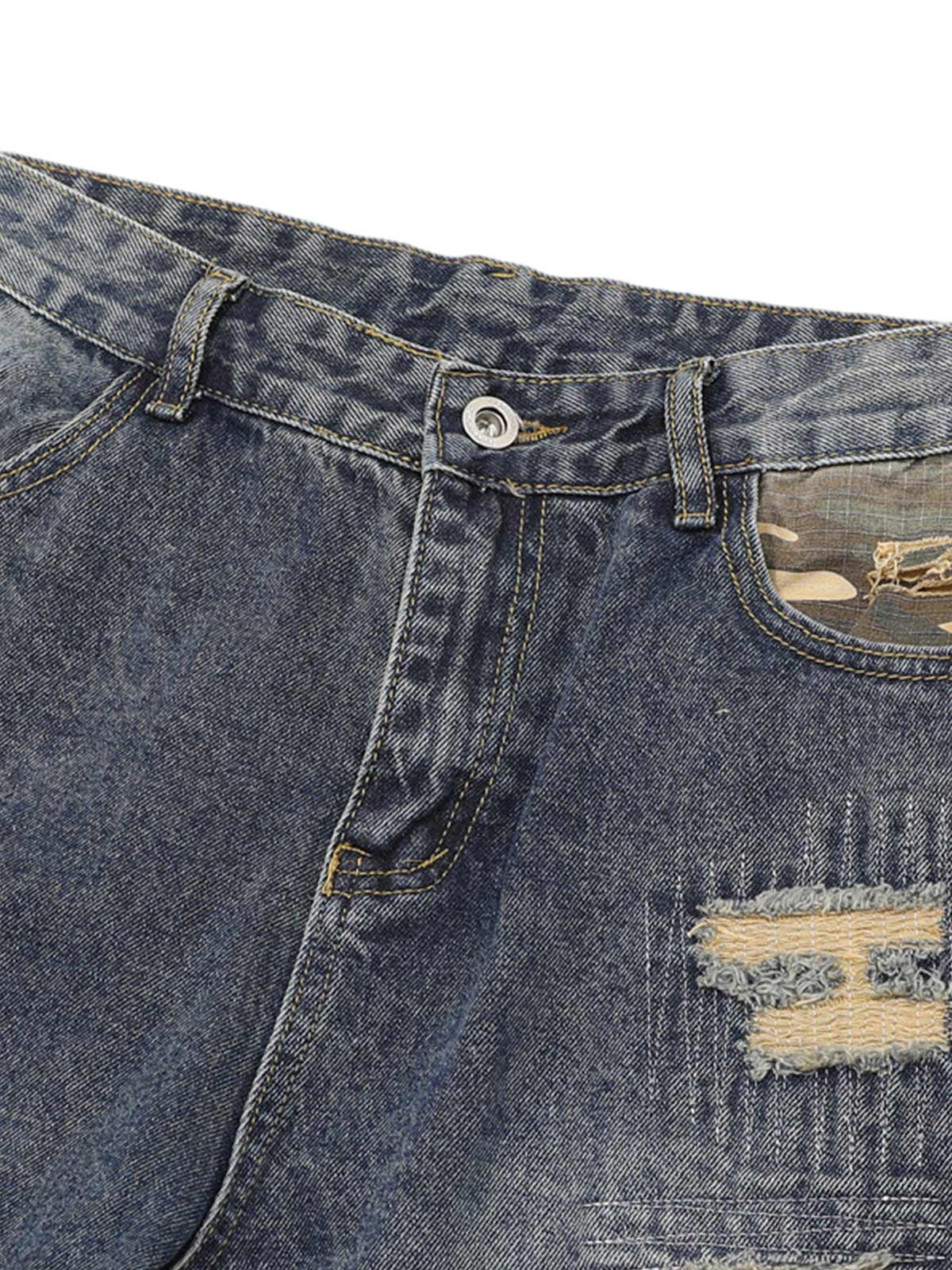 Distressed Camouflage Patchwork Jeans - Goatlv