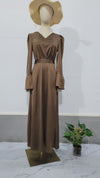 Retro V-neck Puff Sleeve Long Tie Waist-controlled Long Sleeves Dress Nyzzle